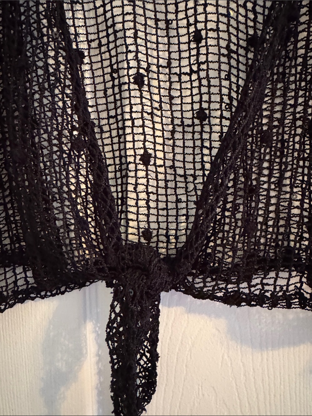Veja Sheer Black Open-Knit Tie-Front Shrug - Picture 3 of 6